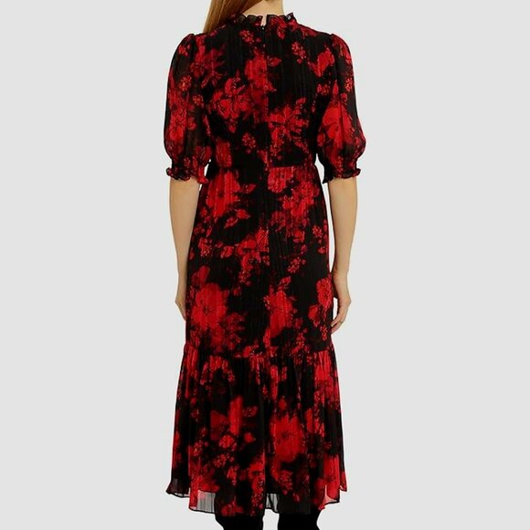 London Times Red and Black Floral Pattern Flowy Dress, Size Medium - Picture 2 of 3